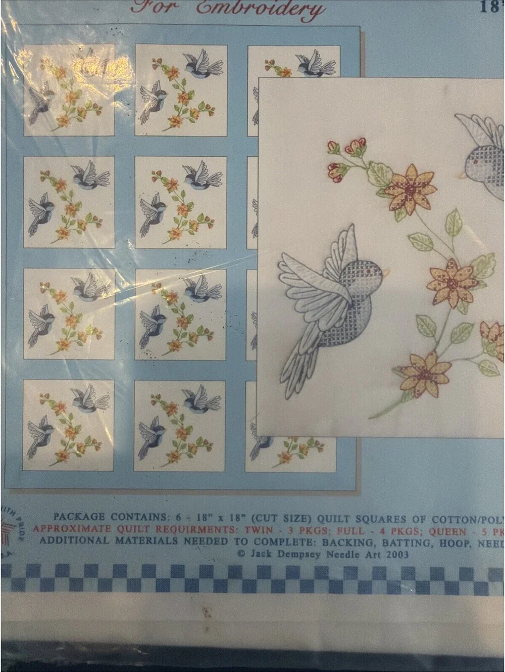 New Jack Dempsey 18” Quilt Squares Birds Pattern #31 New